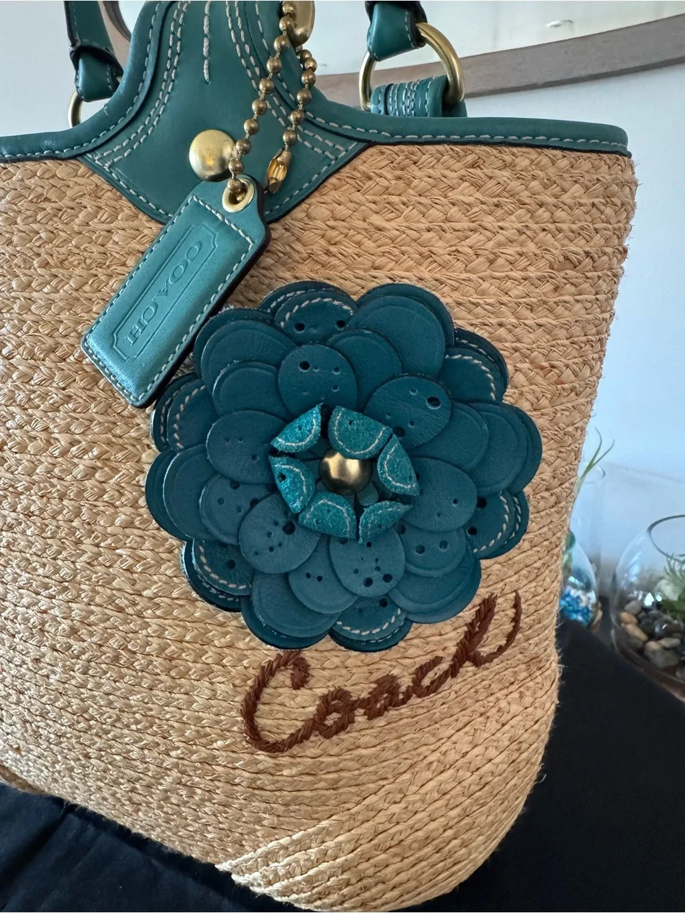 💚Coach Bleecker Straw Tote Teal Leather Flower Charm ☀️_3